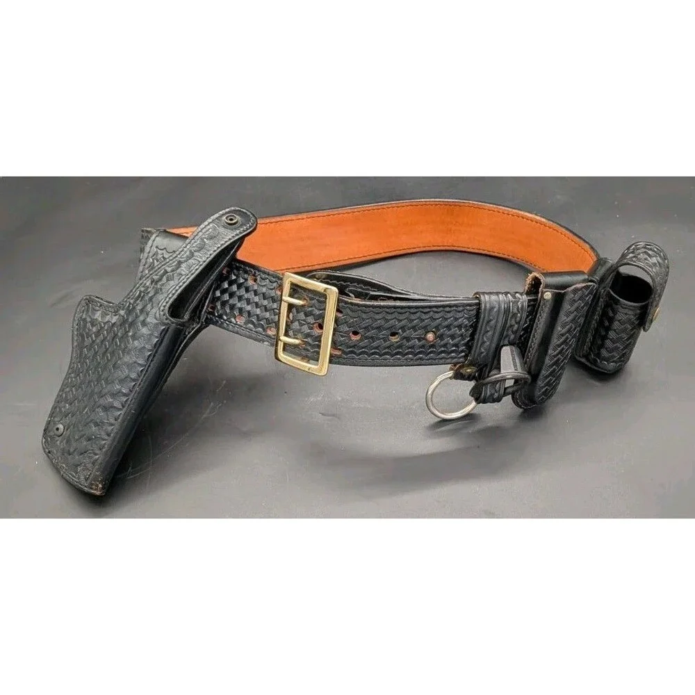 Vtg Dutyman 1021U Police Duty Belt 34 Black Basketweave Leather Holster & More!